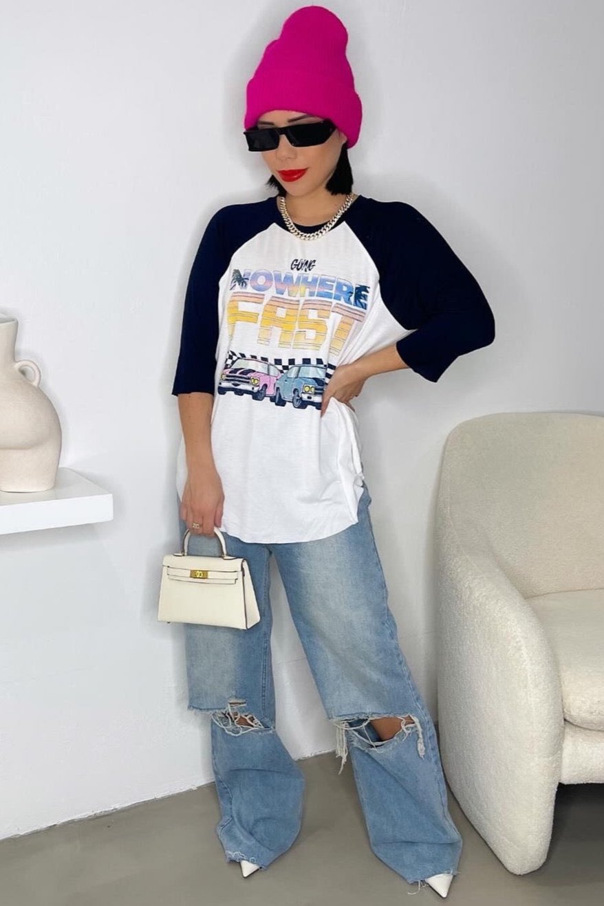 Nowhere Fast Tee - White/Blue - Trice Boutique