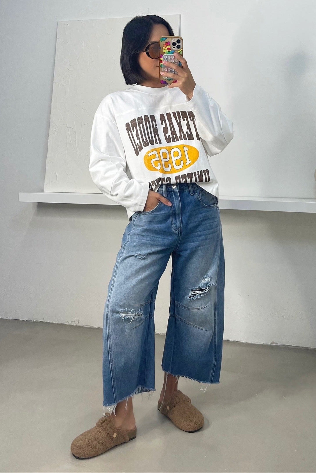 Gigi Graphic Long Sleeve Shirt - White/Brown/Yellow