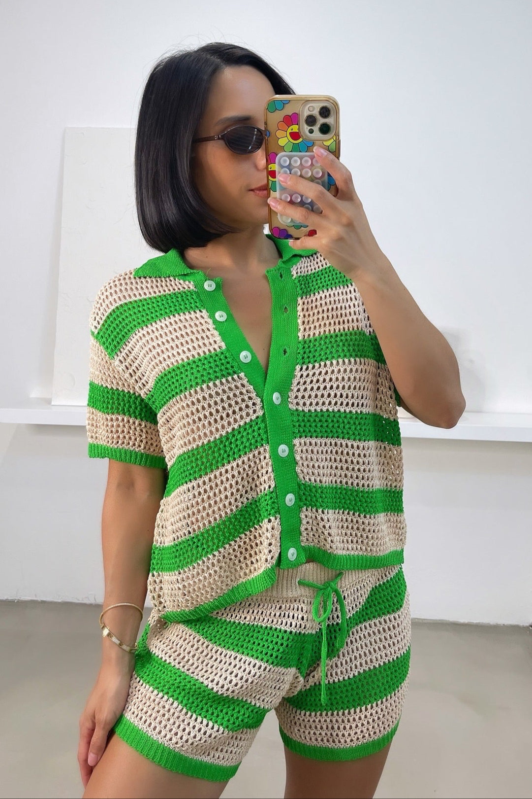Giselle Crochet Shorts Set - Green/Beige