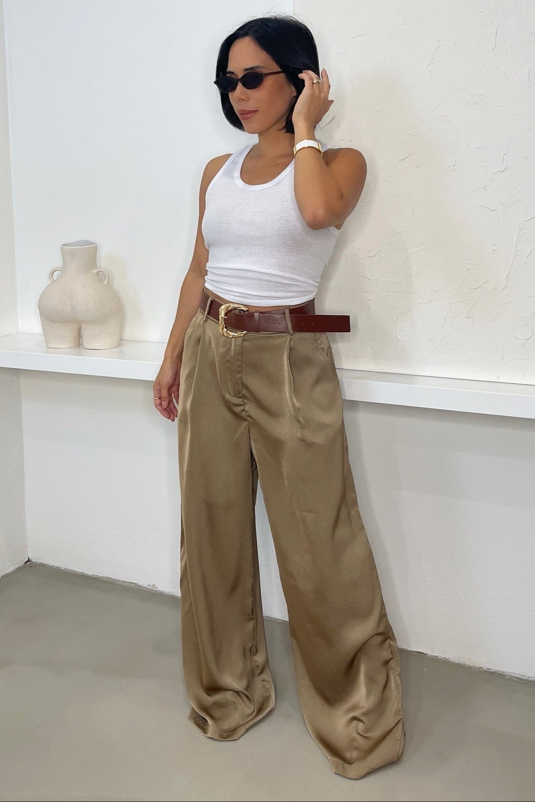 Delaney Wide Leg Pants w/Belt - Taupe