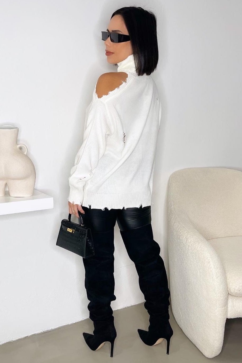 Distressed Turtleneck - White - Trice Boutique