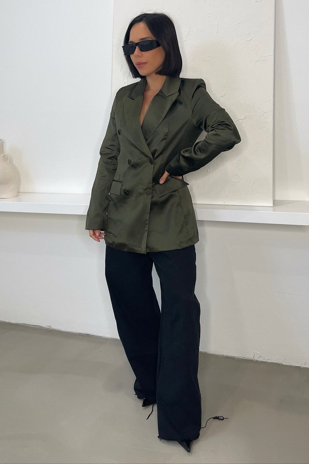 Eden Satin Blazer - Olive Green