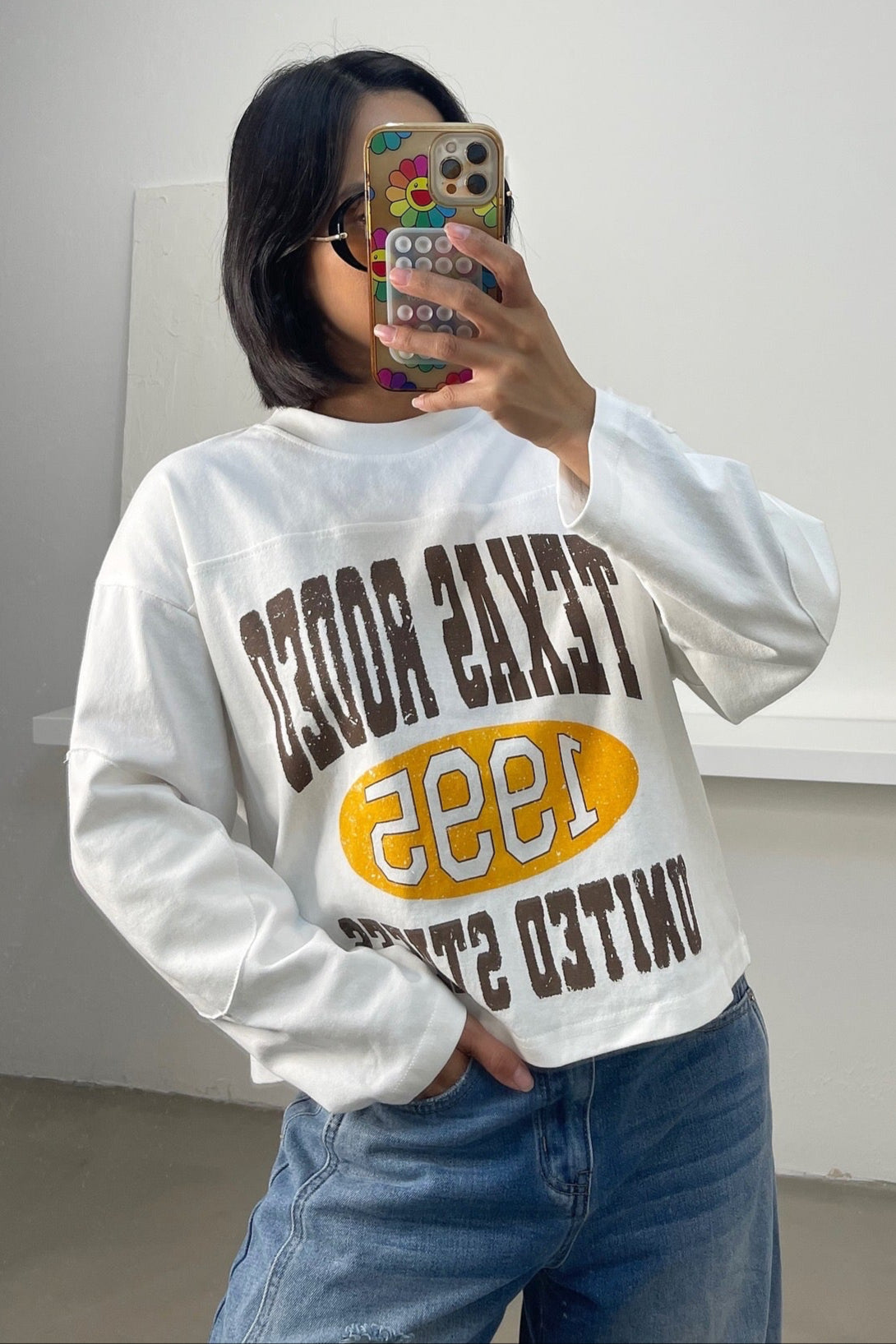 Gigi Graphic Long Sleeve Shirt - White/Brown/Yellow