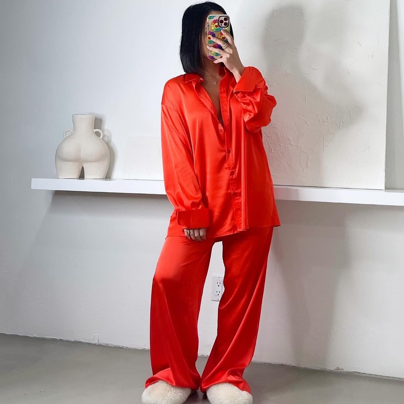 Satin Pants Set - Orange/Red