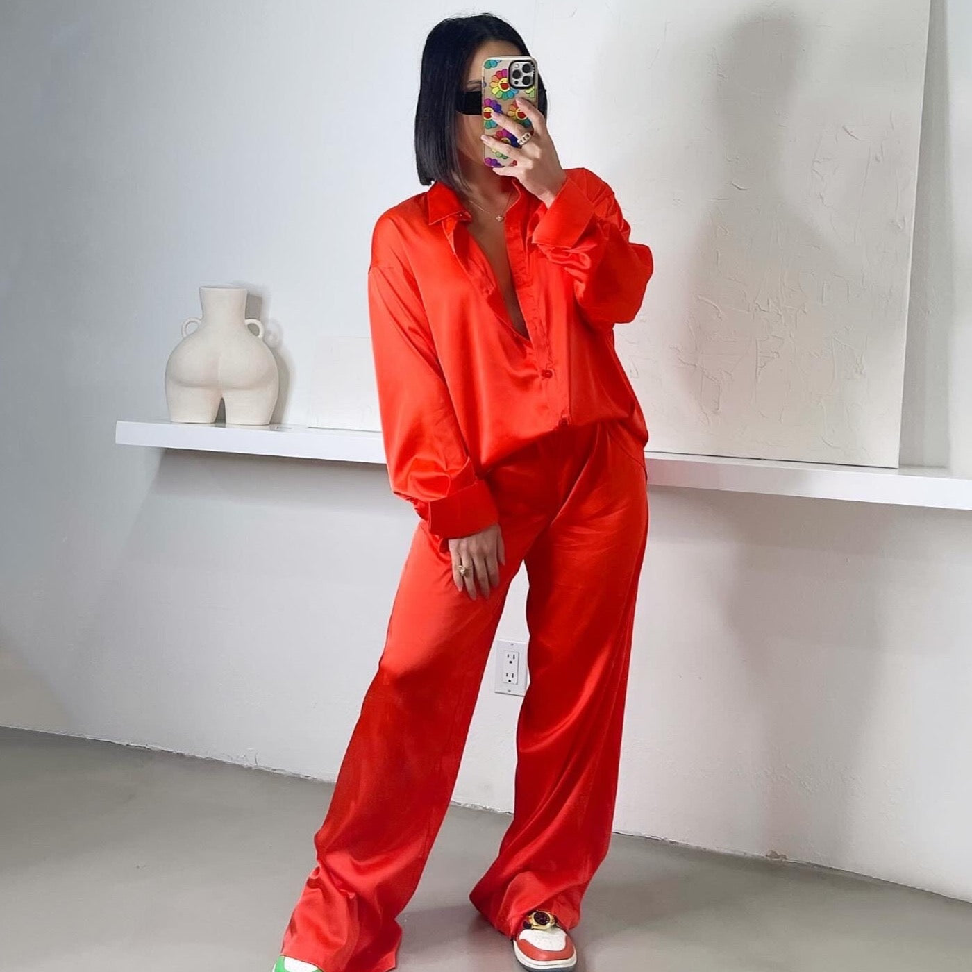 Satin Pants Set - Orange/Red - Trice Boutique
