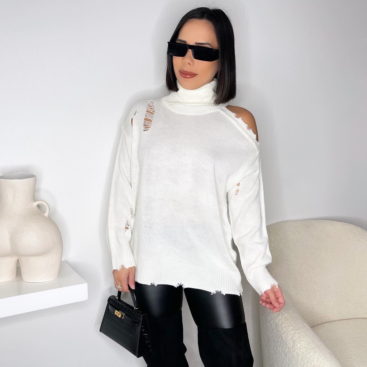 Distressed Turtleneck - White - Trice Boutique