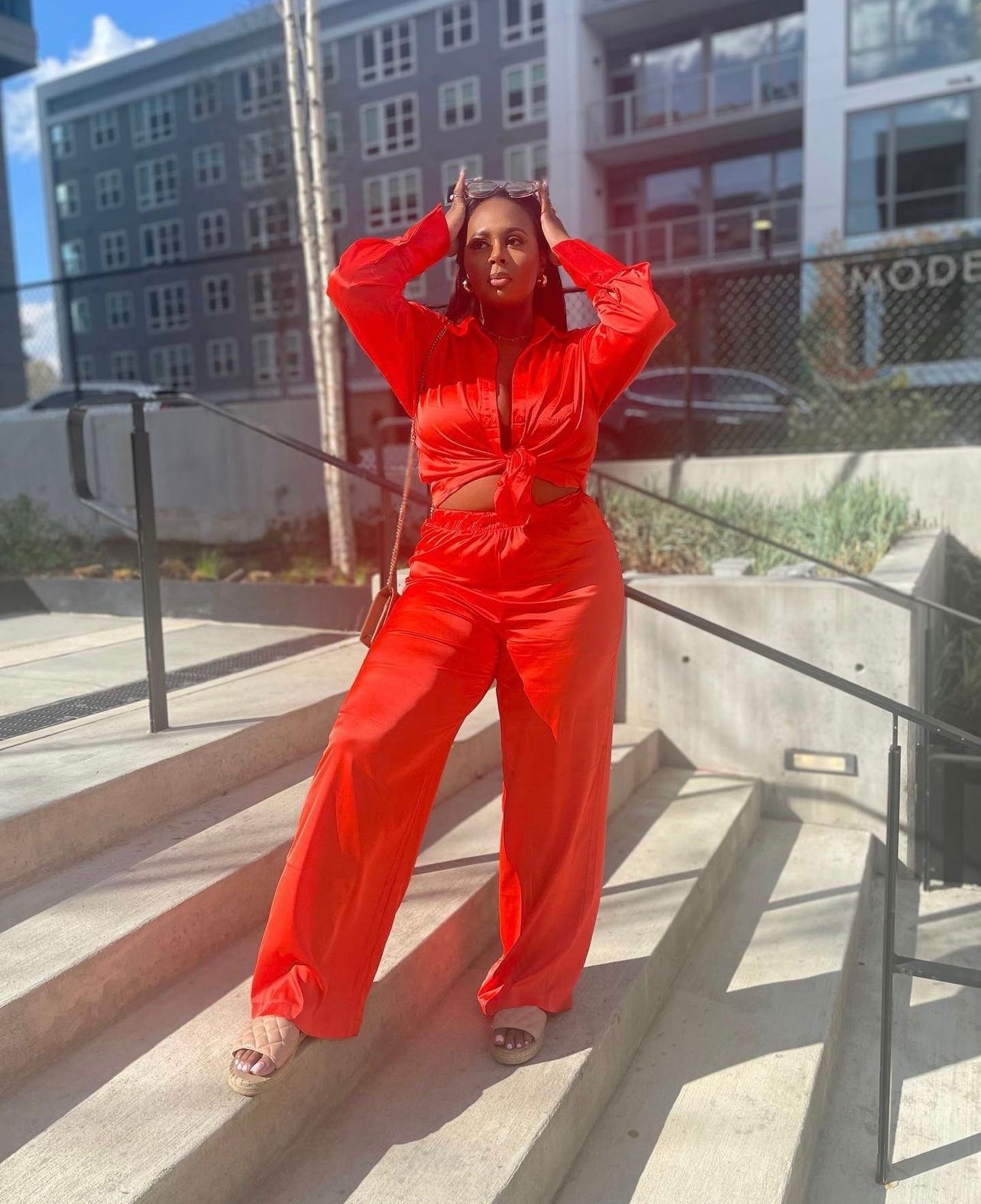 Satin Pants Set - Orange/Red