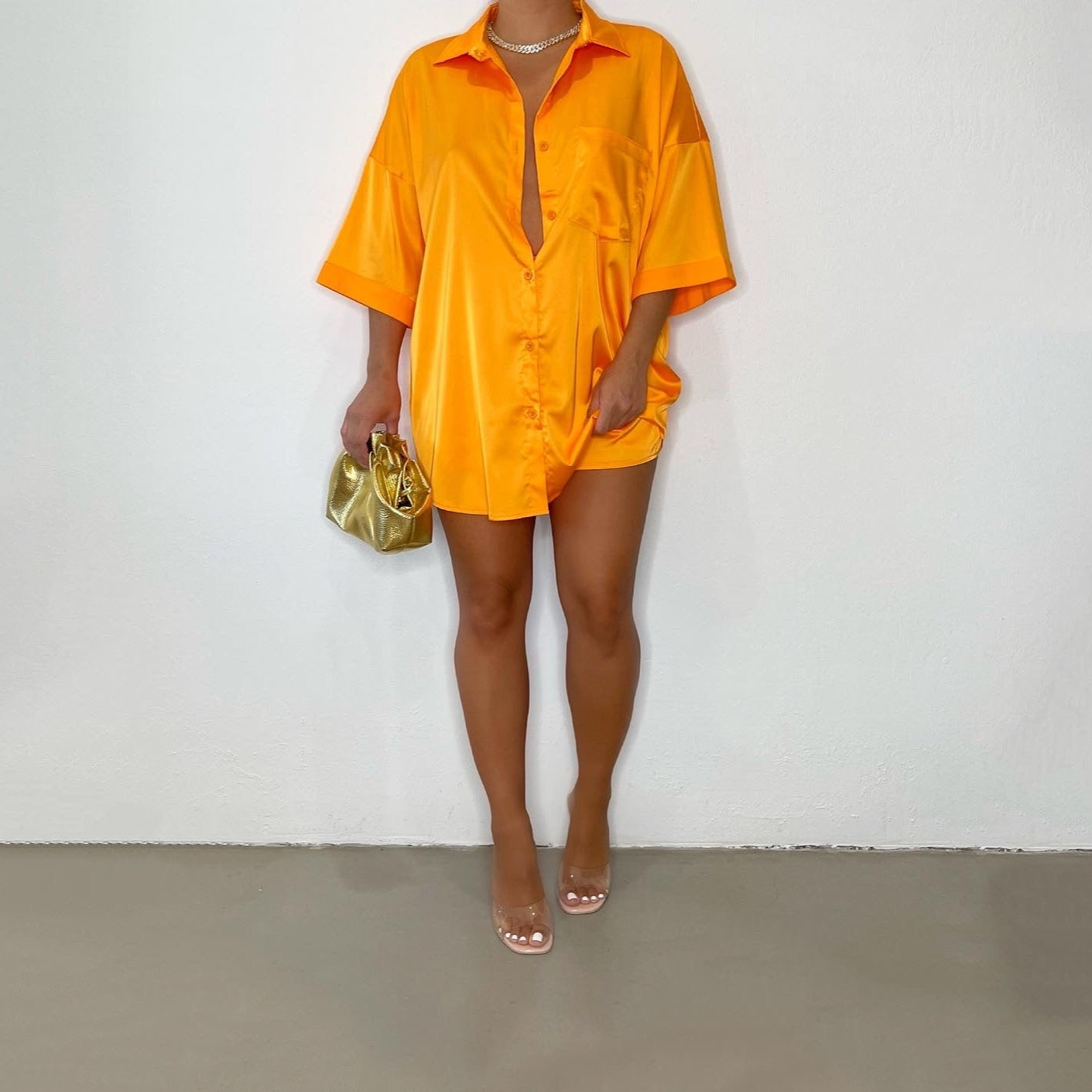 Silky Smooth Satin Shorts Set (Orange) - Trice Boutique