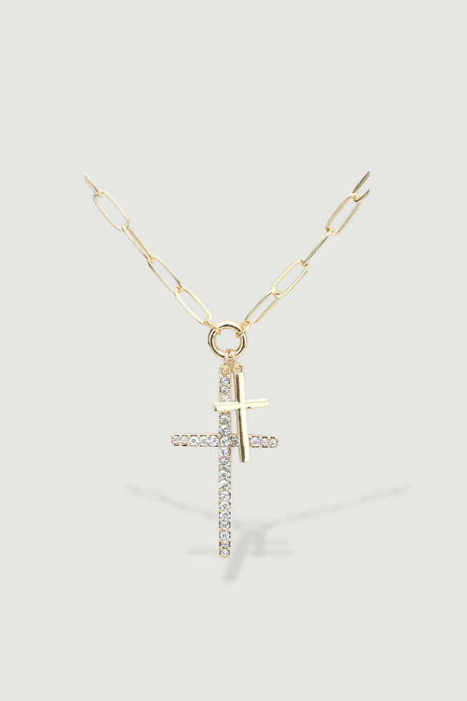 Rhinestone Double Cross Necklace - Gold