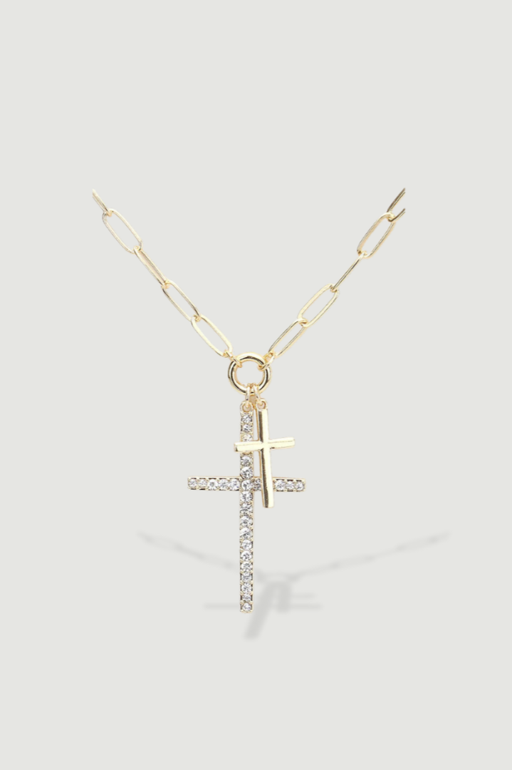 Rhinestone Double Cross Necklace - Gold