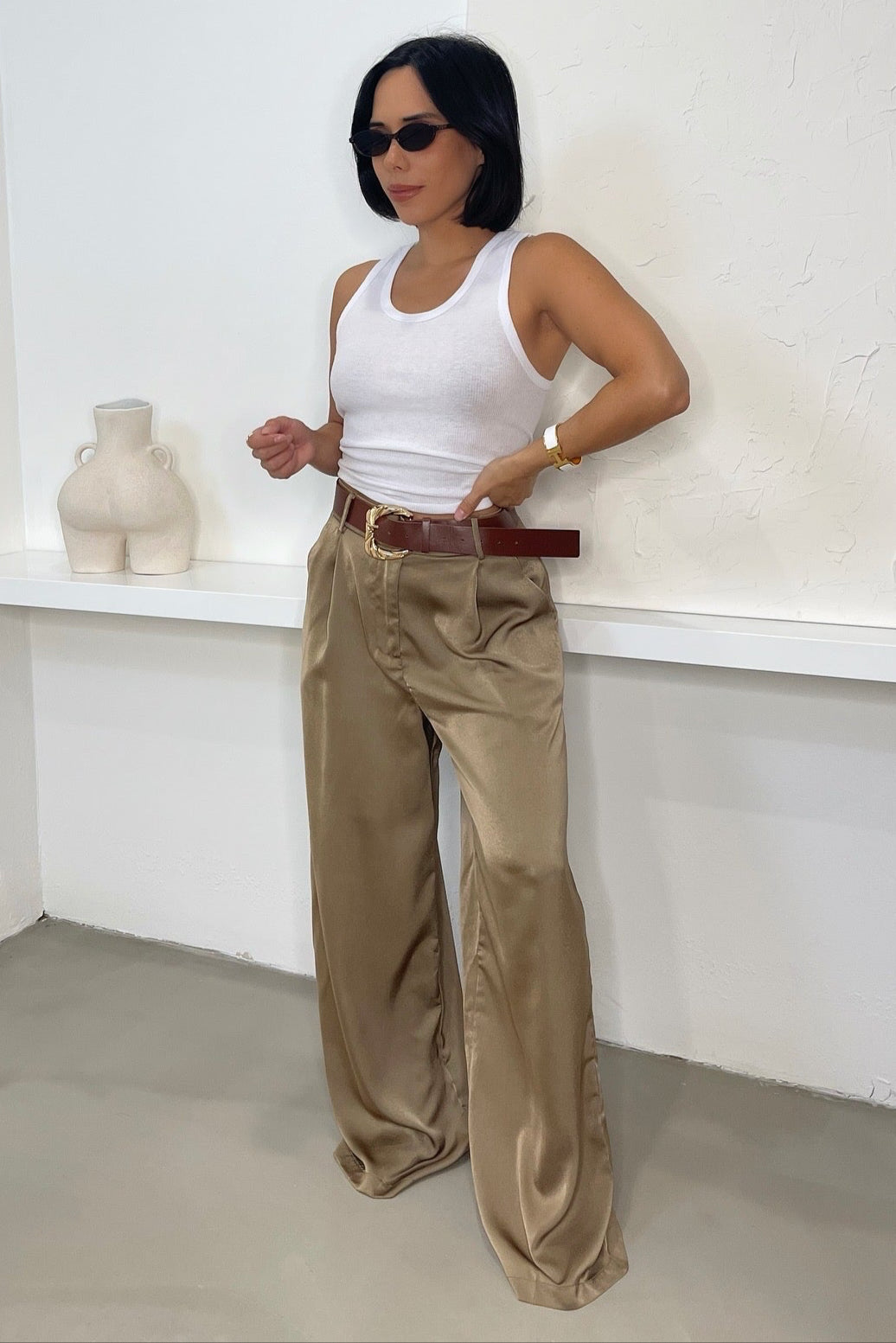 Delaney Wide Leg Pants w/Belt - Taupe
