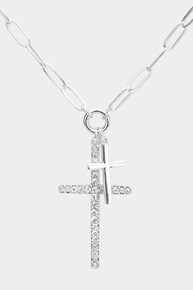 Rhinestone Double Cross Necklace - Silver