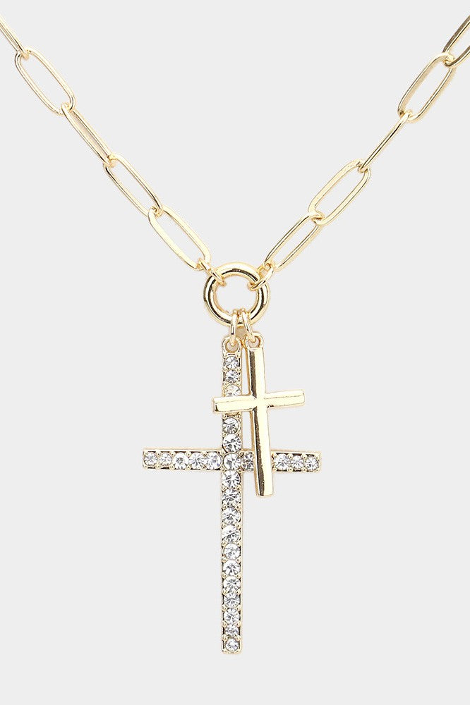 Rhinestone Double Cross Necklace - Gold