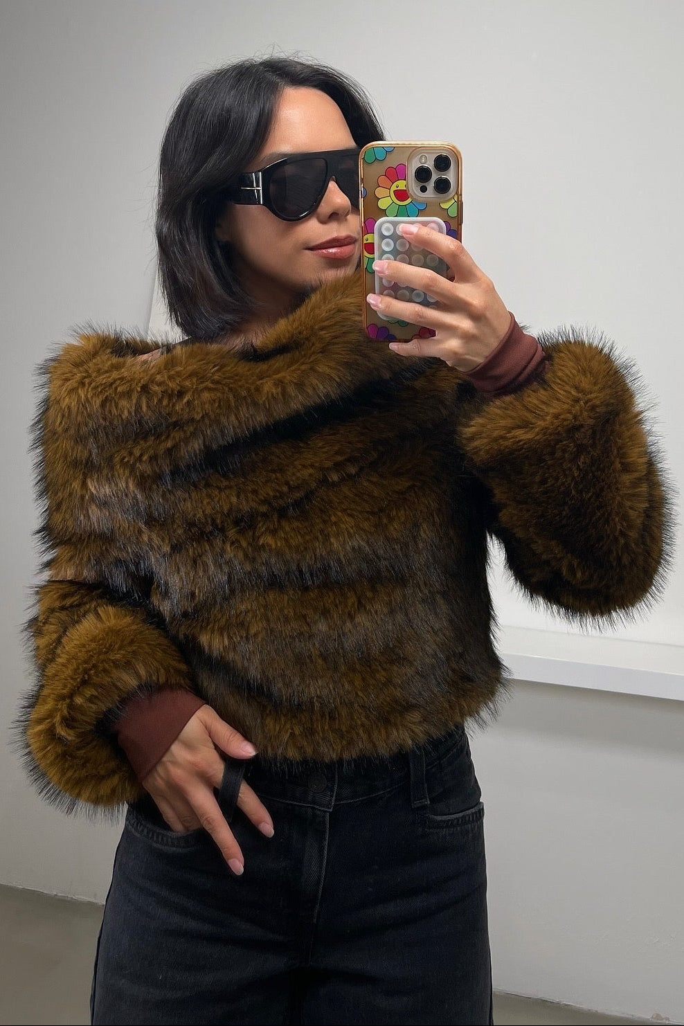 Alina Faux Fur Top - Brown