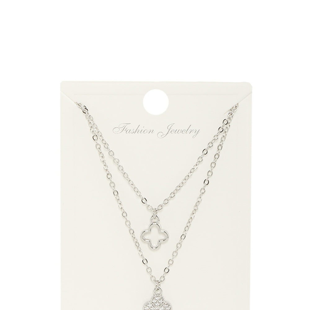 Double Layered Clover Pendant Necklace - Silver