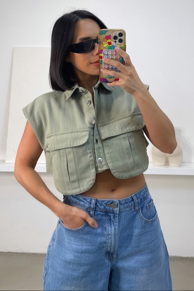 Halle Denim Crop Top - Green