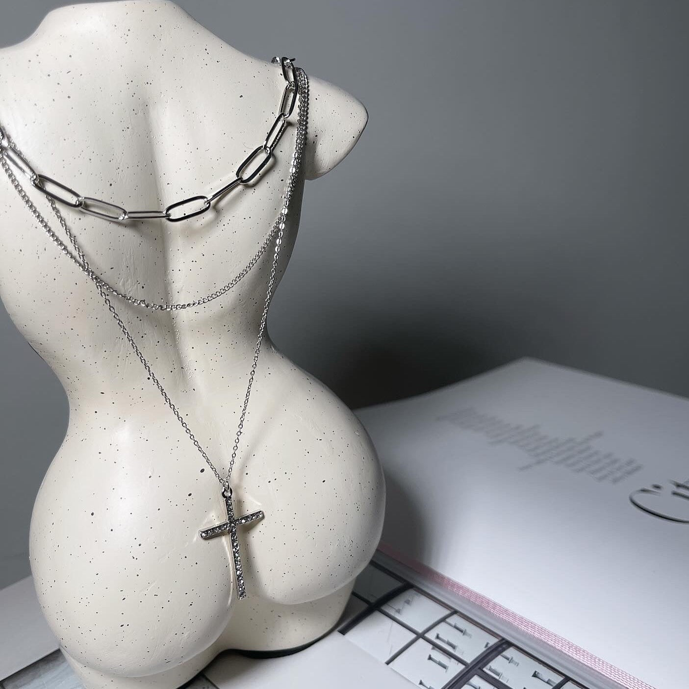 Rhinestone Cross Triple Layered Necklace (silver) – Trice Boutique