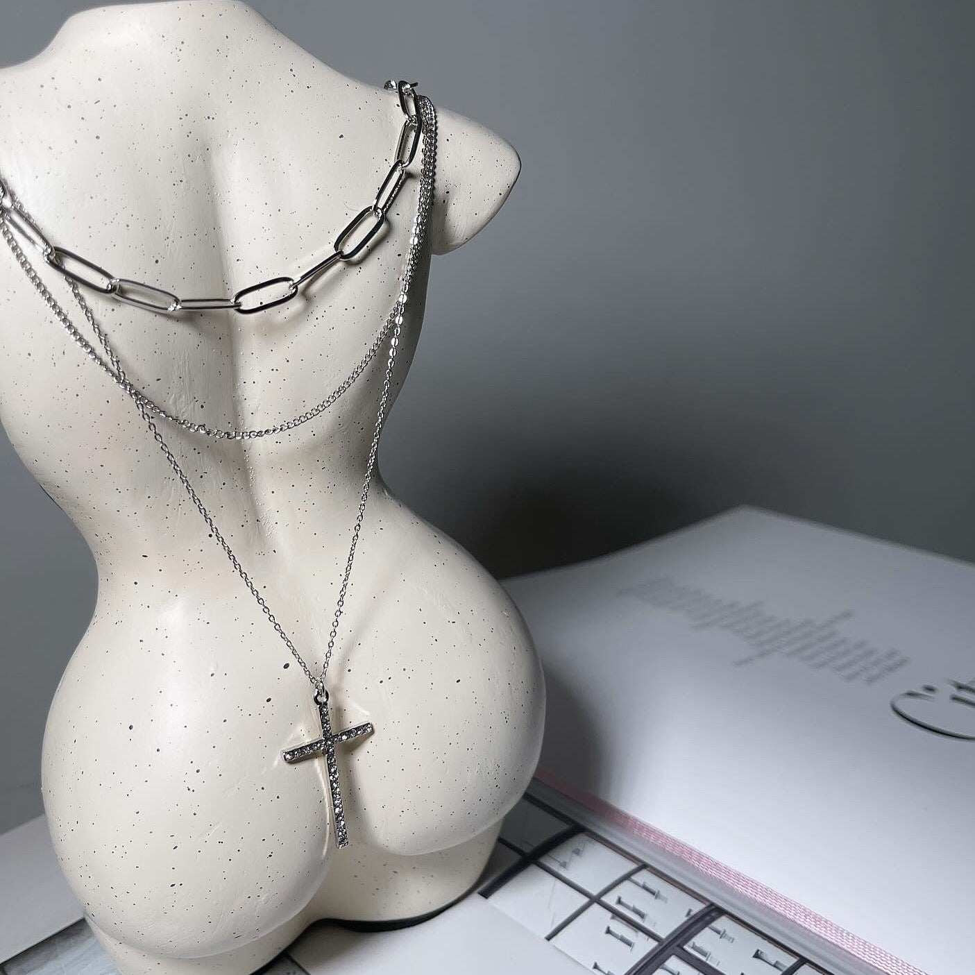 Load image into Gallery viewer, Rhinestone Cross Triple Layered Necklace (silver)
