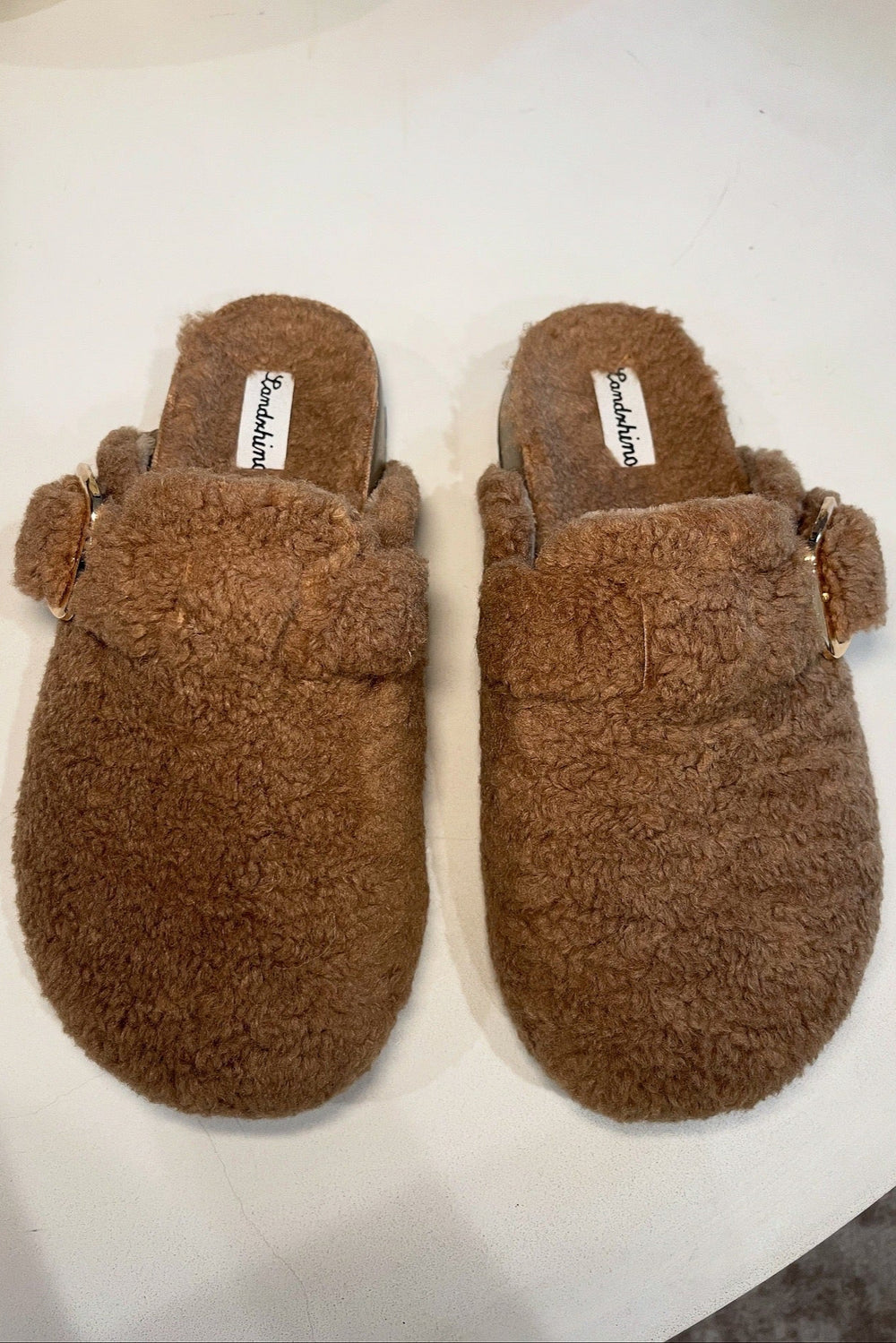 Shayla Faux Teddy Buckle Mules - Brown