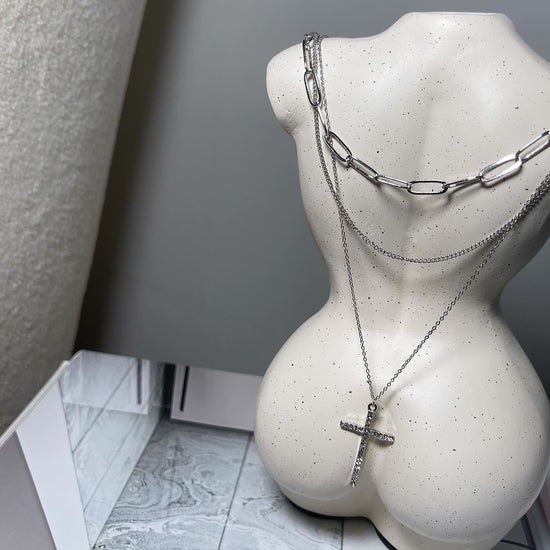 Load image into Gallery viewer, Rhinestone Cross Triple Layered Necklace (silver)
