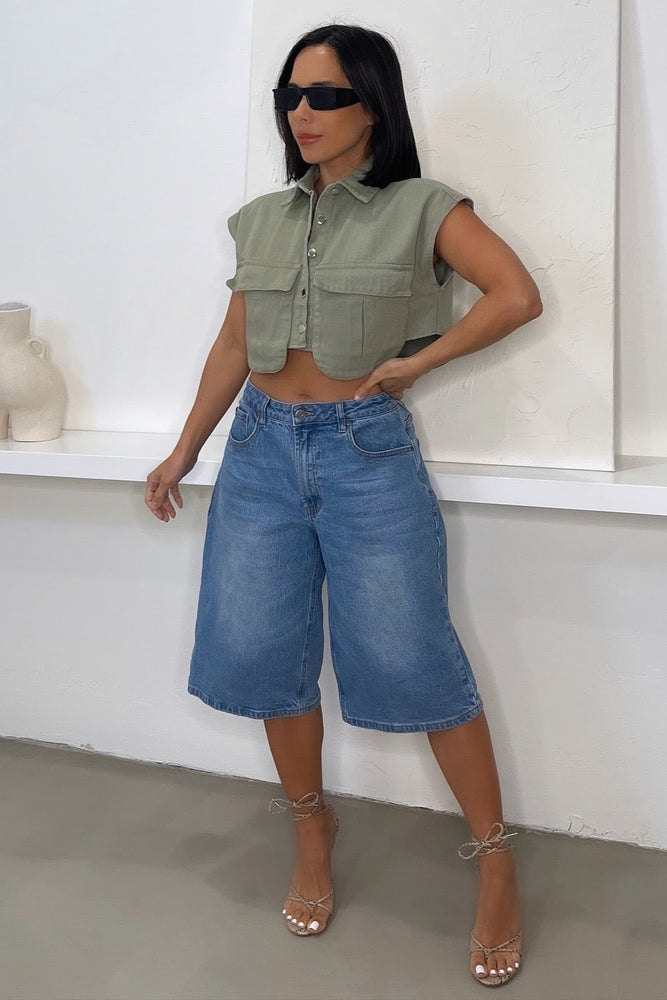 Halle Denim Crop Top - Green