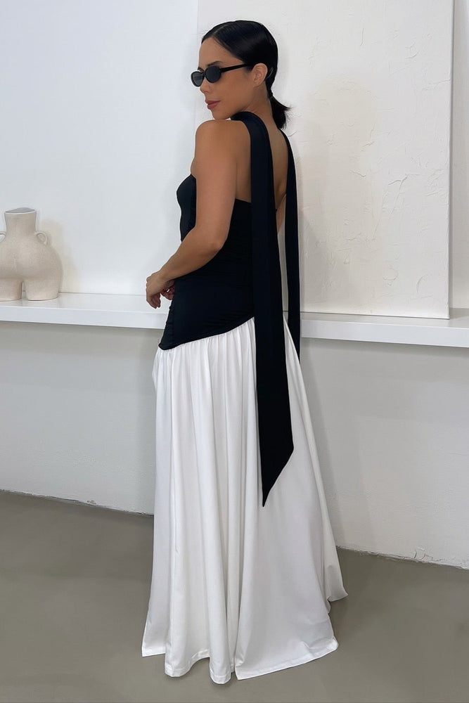 Caprina Dress w/Scarf - Black/White