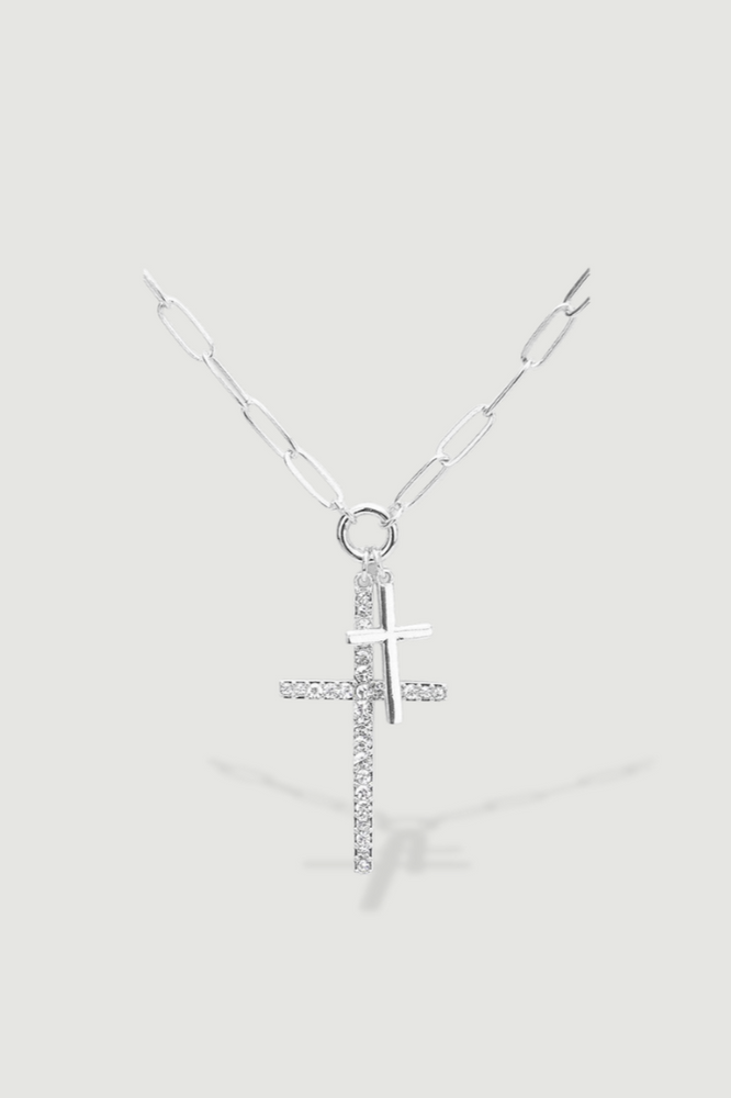 Rhinestone Double Cross Necklace - Silver