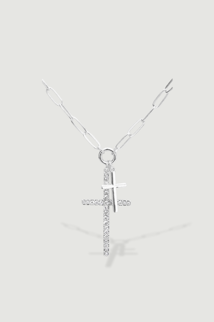 Rhinestone Double Cross Necklace - Silver