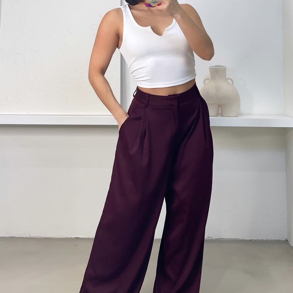 Mila Wide Leg Trousers - Burgundy