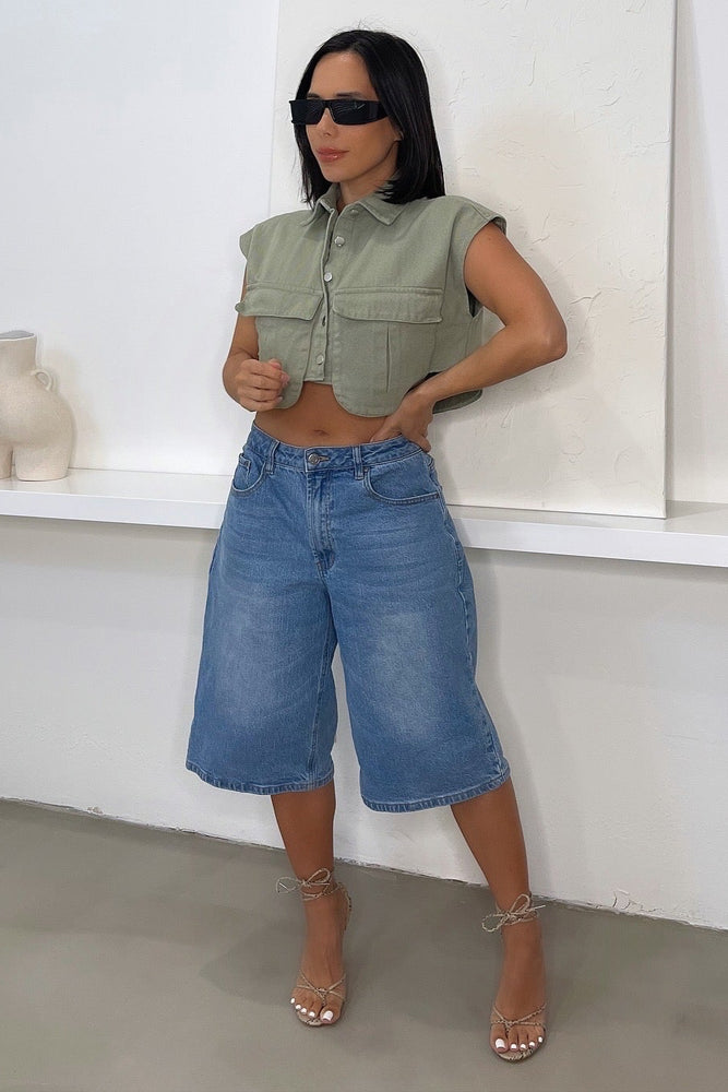 
                      
                        Halle Denim Crop Top - Green
                      
                    