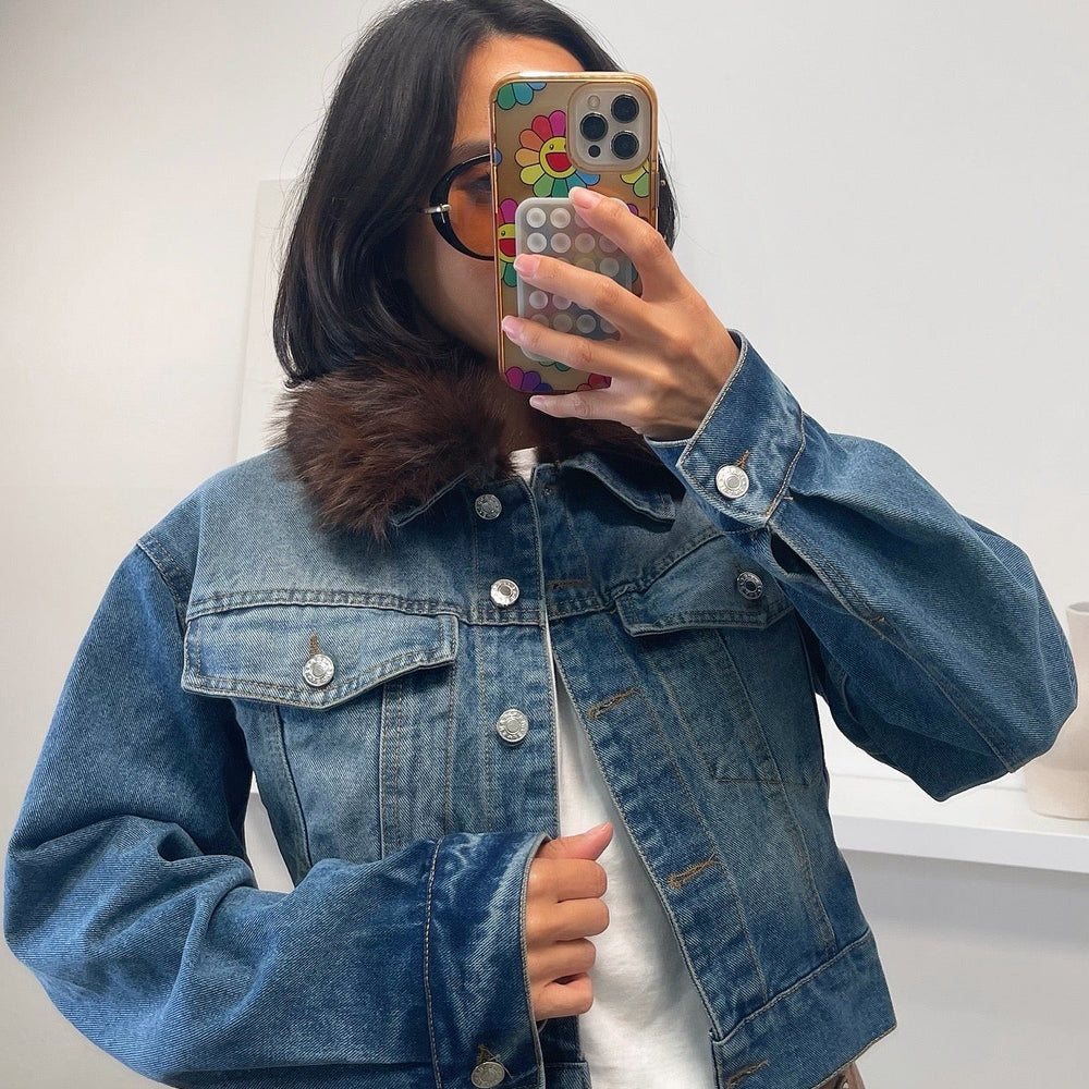 Carina Short Faux Fur Jacket - Denim