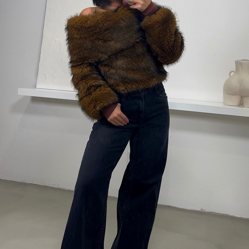 Alina Faux Fur Top - Brown