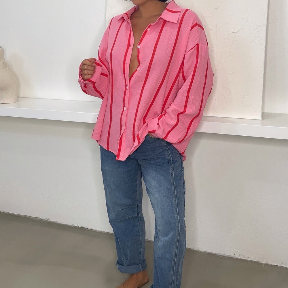 
                      
                        Quinn Oversized Shirt - Pink/Red
                      
                    