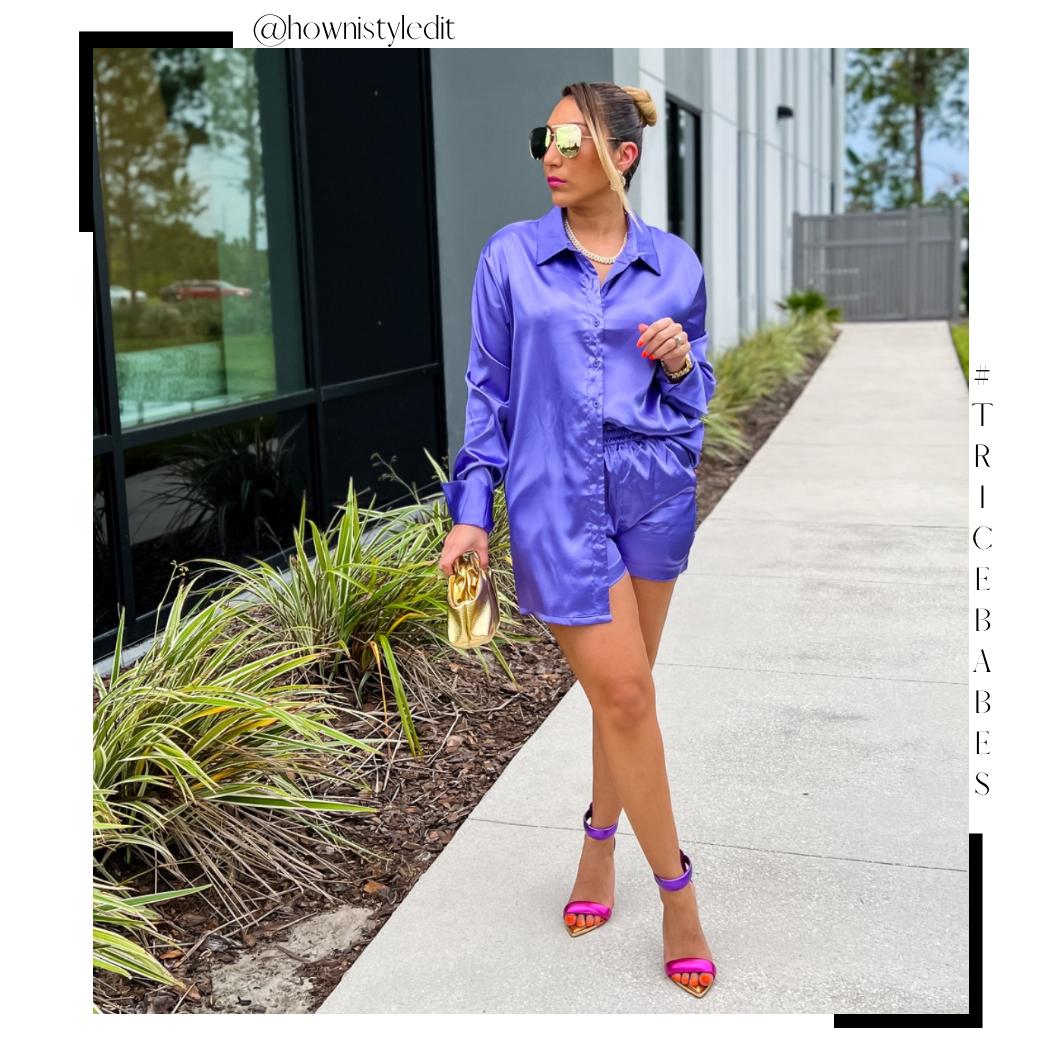 Load image into Gallery viewer, Long Sleeve Satin Shorts Set (Amethyst Purple) - Trice Boutique
