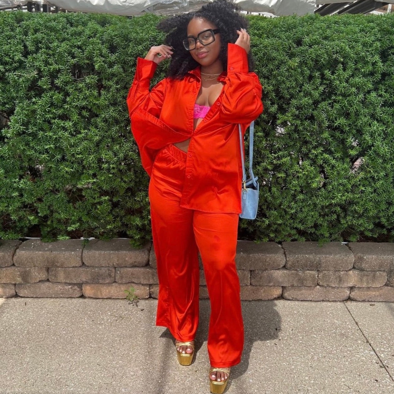 Silky Smooth Satin Pants Set (Orange/Red) - Trice Boutique