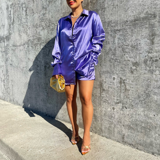Load image into Gallery viewer, Long Sleeve Satin Shorts Set (Amethyst Purple) - Trice Boutique
